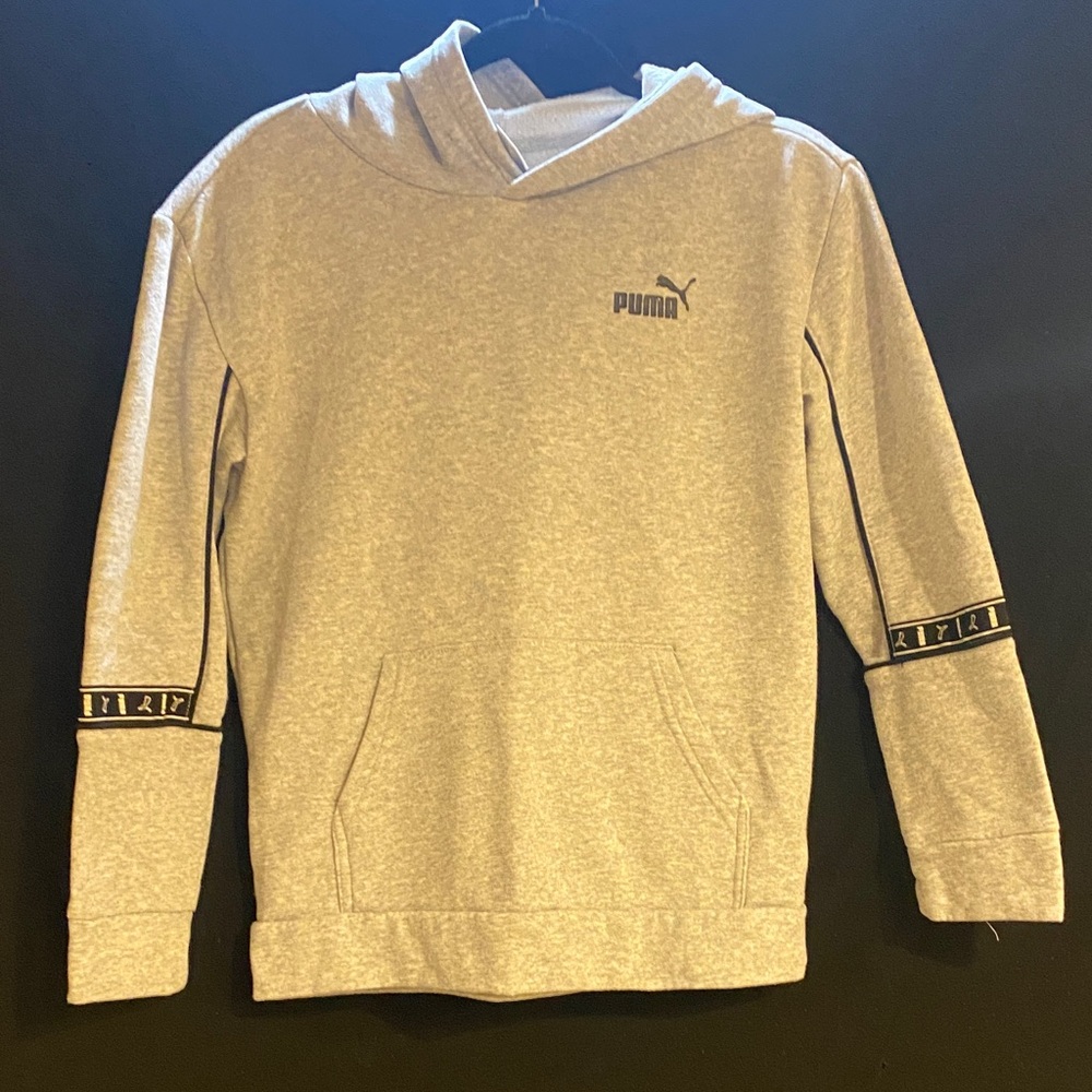 Puma Light Gray Kids Hoodie with Logo and Sleeve Detail